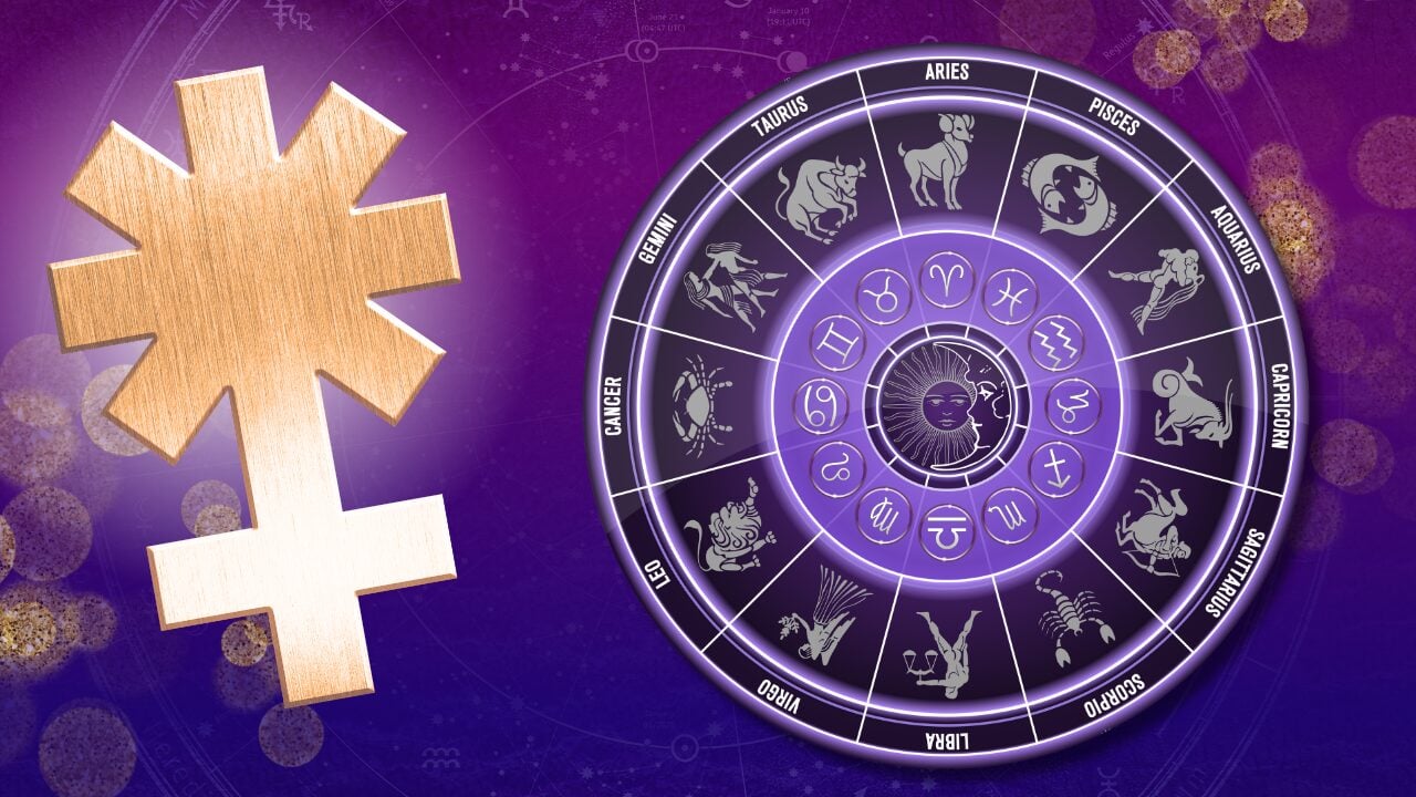 Símbolo de Juno ao lado da roda do zodíaco representando o significado de Juno no mapa astral e sua influência nos relacionamentos e no casamento.