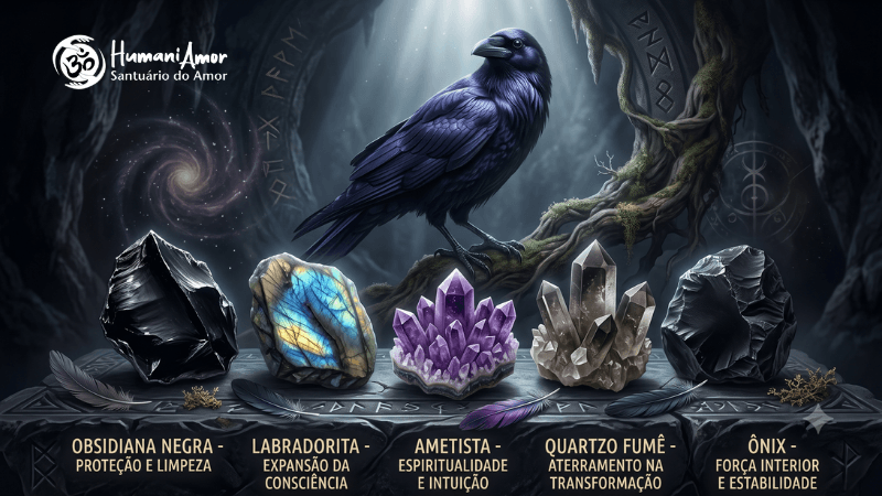 Ilustração mística de cinco cristais alinhados sobre um altar de pedra rúnica (Obsidiana Negra, Labradorita, Ametista, Quartzo Fumê, Ônix), com um corvo pousado em um galho rúnico ao fundo.