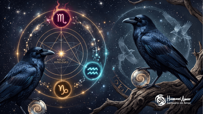 Arquétipo do corvo e a astrologia com os signos Escorpião, Aquário e Capricórnio representando transformação, sabedoria e autoconhecimento.