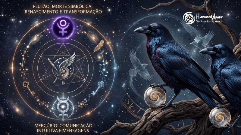 Mercúrio e Plutão fortalecendo o arquétipo do corvo na astrologia, simbolizando comunicação intuitiva, transformação e renascimento.