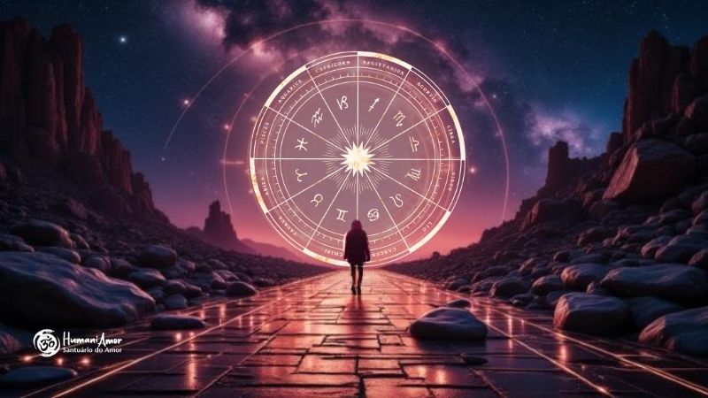O que astrologia revela Recomeço com Mapa Astral - Uma pessoa caminha solitária por uma estrada de pedras em direção a um horizonte montanhoso sob um céu estrelado em tons de roxo e rosa. À frente dela, pairando no ar como um portal de luz dourada, está uma grande roda astrológica (mapa astral) detalhada com os símbolos dos signos do zodíaco e uma estrela central radiante. A iluminação é dramática, emanando do portal astrológico e refletindo no caminho de pedras, criando uma atmosfera de autodescoberta e destino.