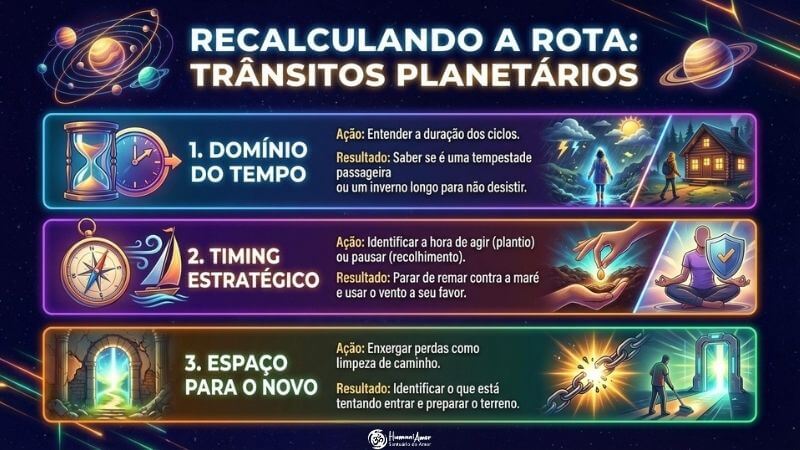 Recalcule a rota com Astrologia Infográfico horizontal com o título "RECALCULANDO A ROTA: TRÂNSITOS PLANETÁRIOS" sobre um fundo de céu estrelado com planetas. A imagem é dividida em três seções coloridas, cada uma com ícones, textos de ação e resultado, e ilustrações conceituais:1. DOMÍNIO DO TEMPO (Moldura azul): Exibe ícones de uma ampulheta e um relógio. O texto explica que a ação é entender a duração dos ciclos para saber se uma fase é uma tempestade passageira ou um inverno longo. À direita, uma ilustração mostra uma pessoa sob chuva e raios, seguida por uma pessoa caminhando em direção a uma casa iluminada sob o sol.
2. TIMING ESTRATÉGICO (Moldura roxa): Apresenta ícones de uma bússola e um barco à vela. A ação é identificar a hora de agir (plantio) ou pausar (recolhimento) para usar o vento a seu favor. As ilustrações mostram mãos plantando uma semente e uma pessoa em posição de meditação com um escudo de proteção.
3. ESPAÇO PARA O NOVO (Moldura laranja): Contém o ícone de um portal iluminado. A ação é enxergar perdas como limpeza de caminho para identificar o que tenta entrar na vida. As imagens mostram correntes se quebrando e uma pessoa limpando o chão em direção a um portal de luz.
No rodapé central, encontra-se o logotipo "HumaniAmor - Santuário do Amor".