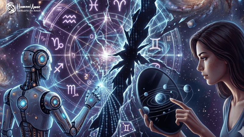 Limitações da Inteligência Artificial na interpretação do Mapa Astral Inteligência artificial analisando mapa astral com símbolos do zodíaco ao lado de uma mulher observando a mandala astrológica