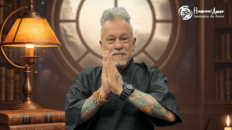 Otávio Leal e a interpretação humanizada do mapa astral na Humaniamor astrólogo Otávio Leal realizando leitura de mapa astral em ambiente acolhedor com livros e iluminação suave