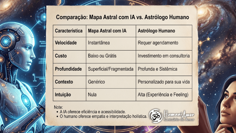 Mapa Astral com IA vs Astrólogo Humano: comparação completa Comparação entre mapa astral com IA e astrólogo humano mostrando diferenças de velocidade, custo, profundidade e intuição