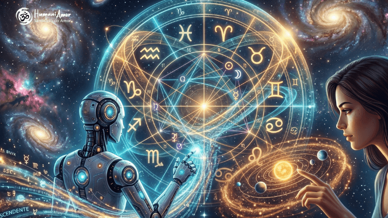 Mapa Astral com Inteligência Artificial: tecnologia aplicada à astrologia Mapa astral com ia sendo interpretado por robô e humano com símbolos do zodíaco ao fundo