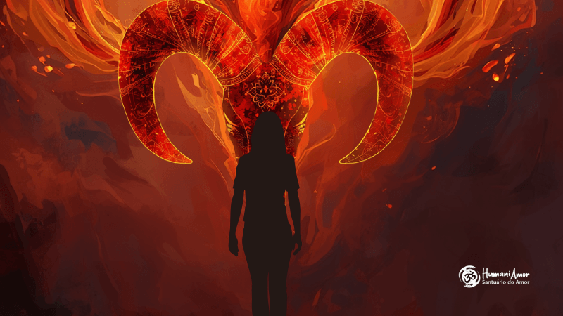 Evolução e Desafios de Sol em Áries - HumaniAmor Silhueta de uma mulher diante de uma fênix ou carneiro em chamas, simbolizando a evolução do Sol em Áries no mapa astral e o poder da jornada de autoconhecimento.