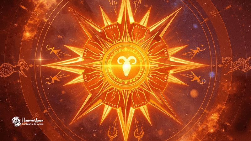 Personalidade de Áries na Astrologia - HumaniAmor Símbolo do signo de Áries em destaque dourado sobre um fundo de chamas e mandala astrológica, representando o primeiro signo do zodíaco e sua energia de fogo.