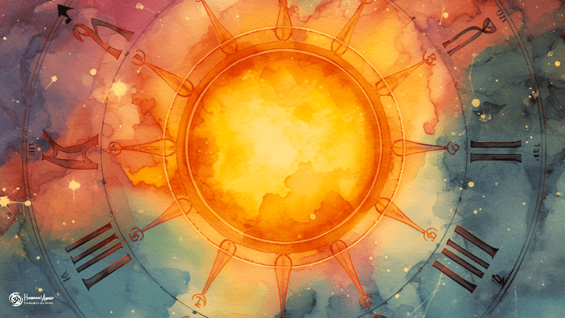 Significado do Sol no Mapa Astral - HumaniAmor Ilustração artística de um sol vibrante no centro de um mapa astral, representando o significado do Sol na astrologia e a essência do signo de Áries.