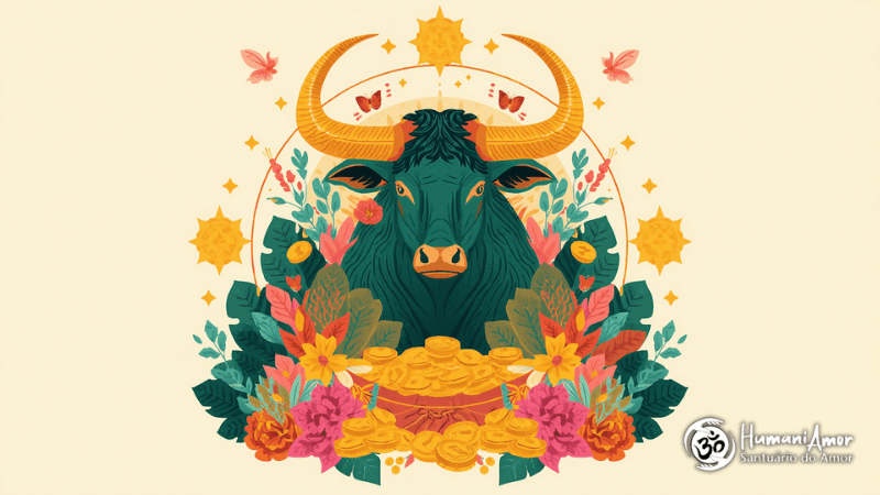Planetas pessoais em signos de terra Ilustração astrológica de um touro cercado por flores, moedas e elementos naturais, simbolizando estabilidade, praticidade, segurança material e a energia dos signos de terra.