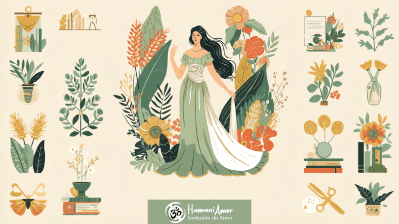 Características do signo de Virgem Ilustração inspirada no signo de Virgem com mulher cercada por plantas, flores e elementos naturais que representam organização, refinamento, cuidado e conexão com a terra.