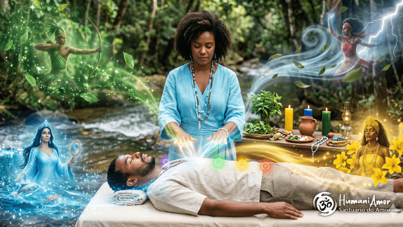Terapeuta aplicando Orixá Reiki em paciente ao ar livre, com representações energéticas dos Orixás e elementos da natureza simbolizando cura, equilíbrio e harmonização espiritual.