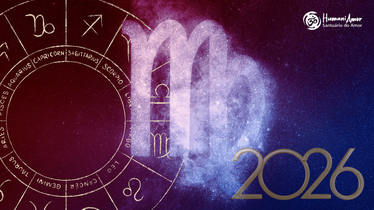 Imagem destacada sobre a temporada de Virgem 2026 com o símbolo astrológico do signo de Virgem iluminado em tons de azul e roxo e o ano 2026.